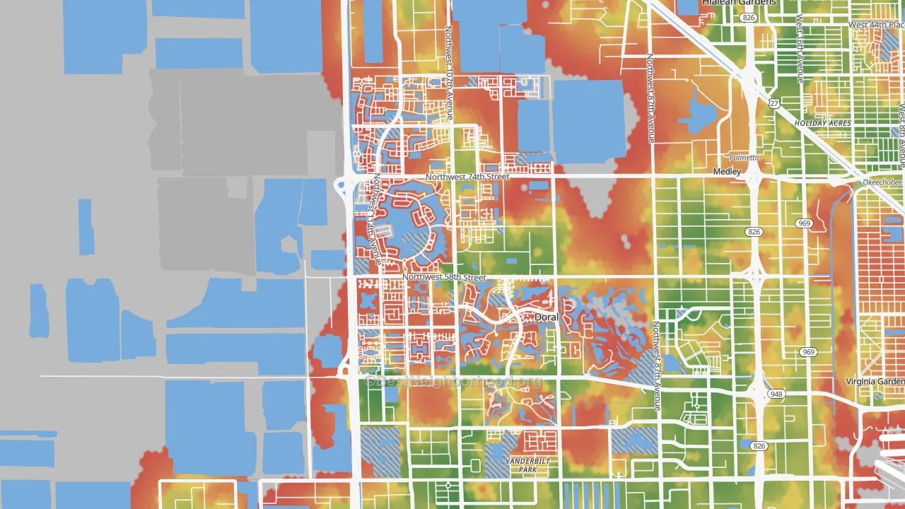 Walk Grade map of Doral, FL, walkable areas in green and car-dependent areas in red