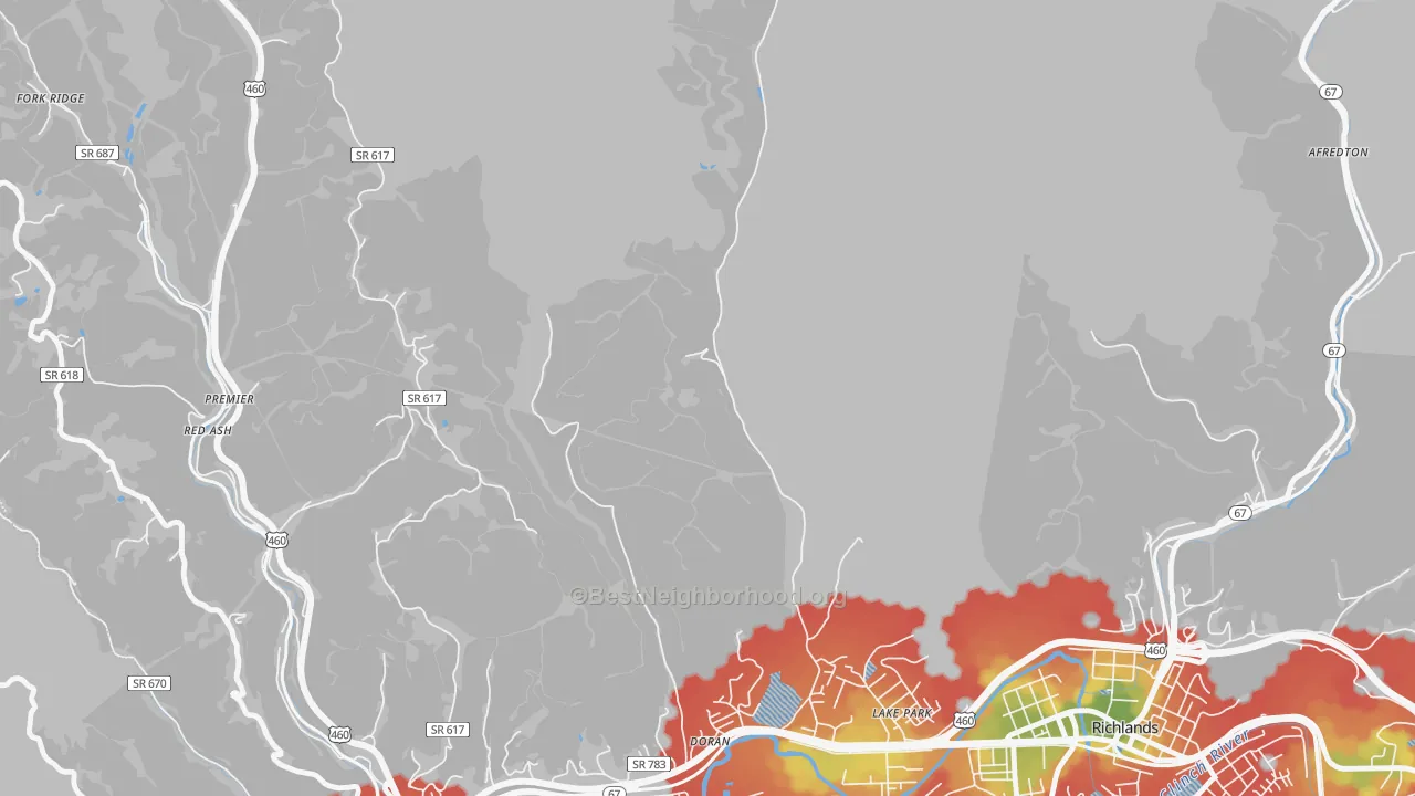 Walk Grade map of Doran, VA, walkable areas in green and car-dependent areas in red