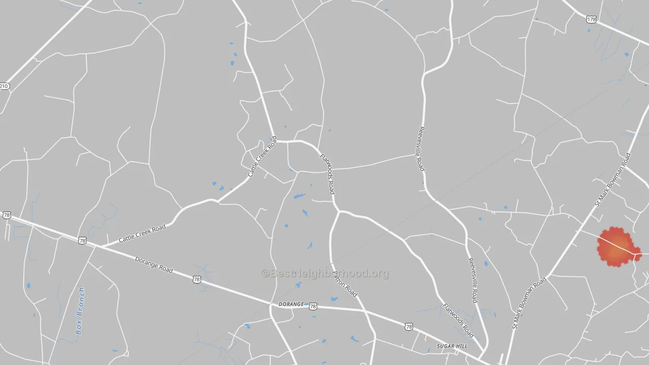 Walk Grade map of Dorange, SC, walkable areas in green and car-dependent areas in red