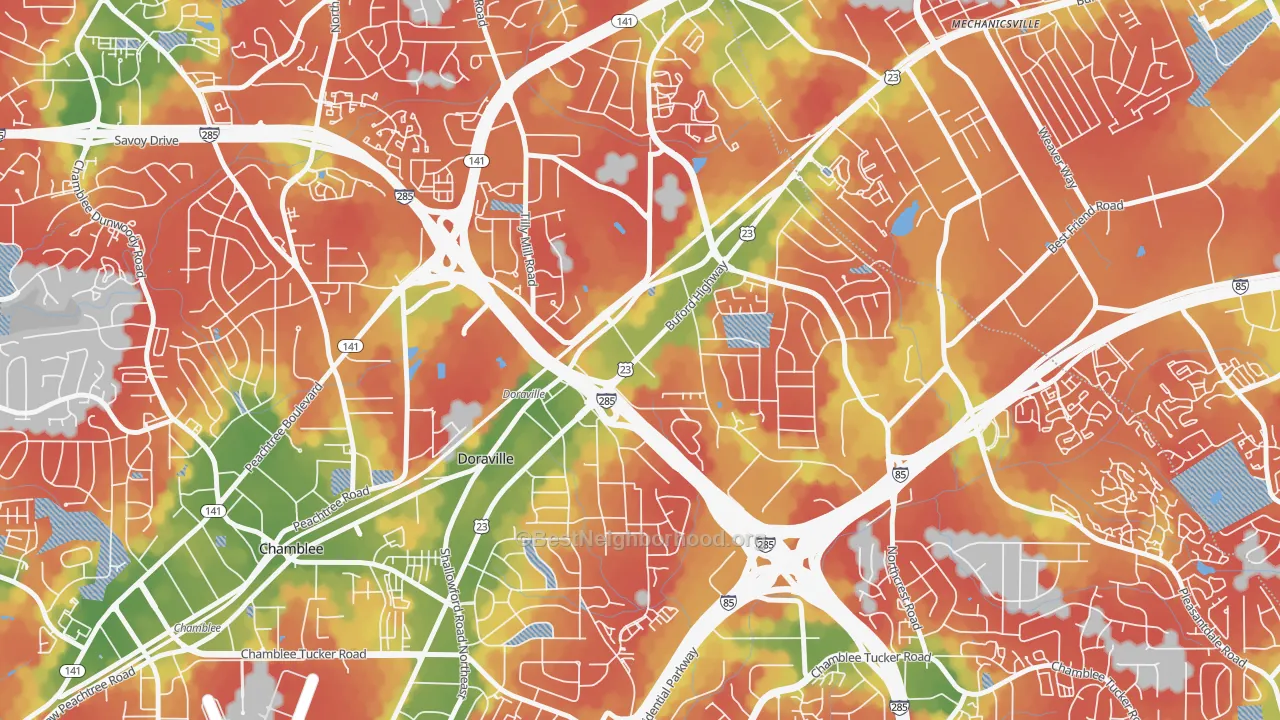 Walk Grade map of Doraville, GA, walkable areas in green and car-dependent areas in red