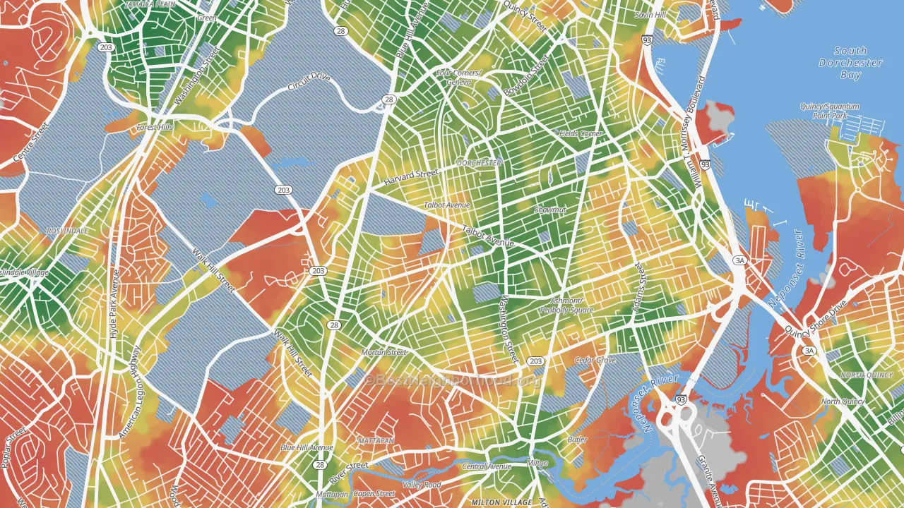 Walk Grade map of Dorchester Center, Boston, MA, walkable areas in green and car-dependent areas in red