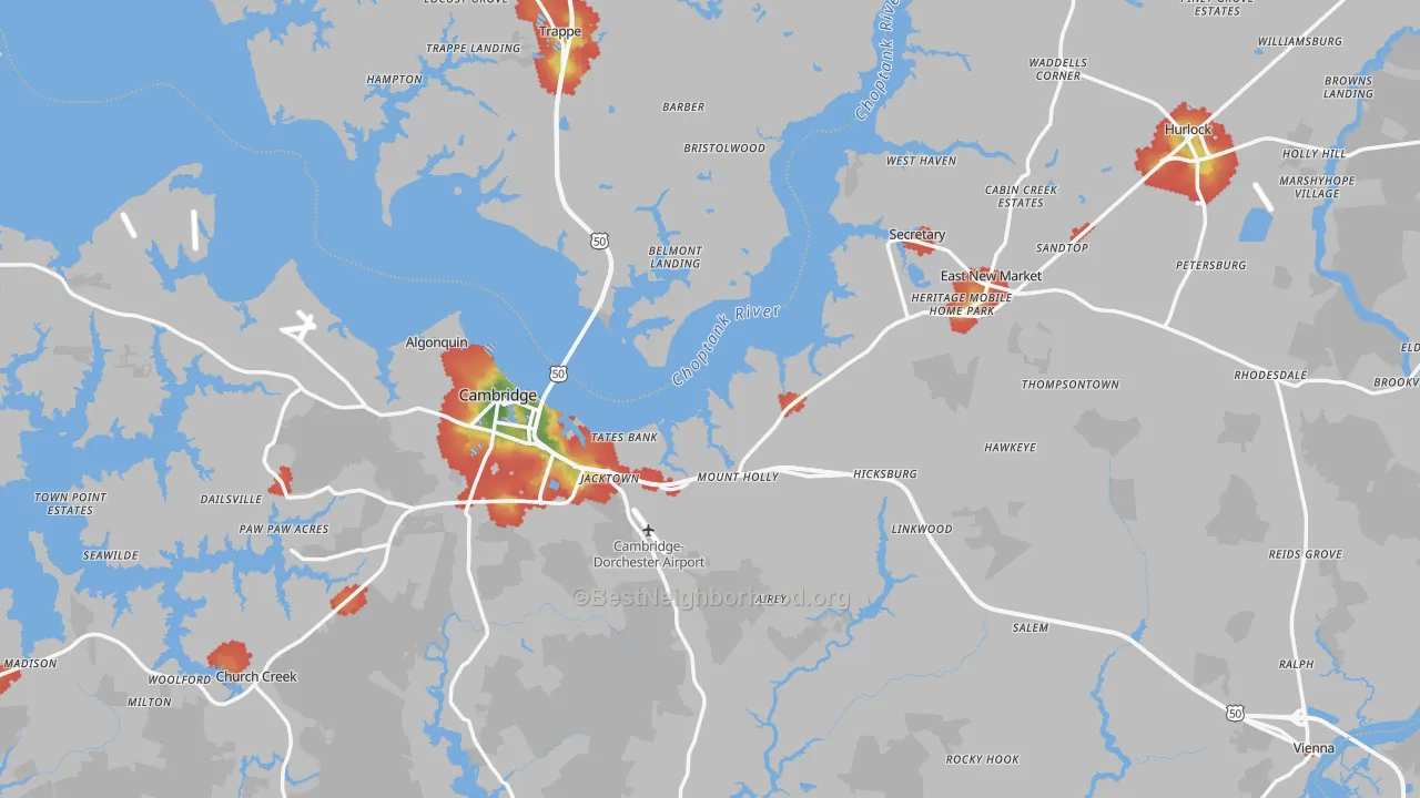 Walk Grade map of Dorchester County, MD, walkable areas in green and car-dependent areas in red