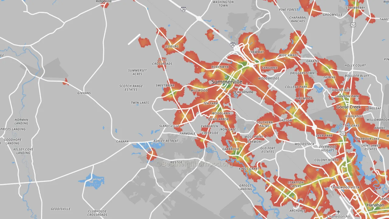 Walk Grade map of Dorchester County, SC, walkable areas in green and car-dependent areas in red