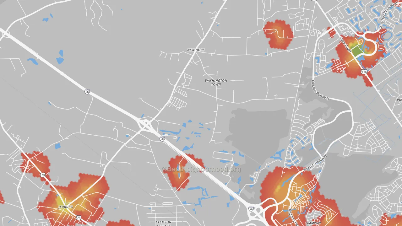 Walk Grade map of Dorchester Estates, SC, walkable areas in green and car-dependent areas in red