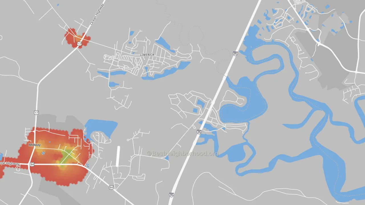Walk Grade map of Dorchester, GA, walkable areas in green and car-dependent areas in red