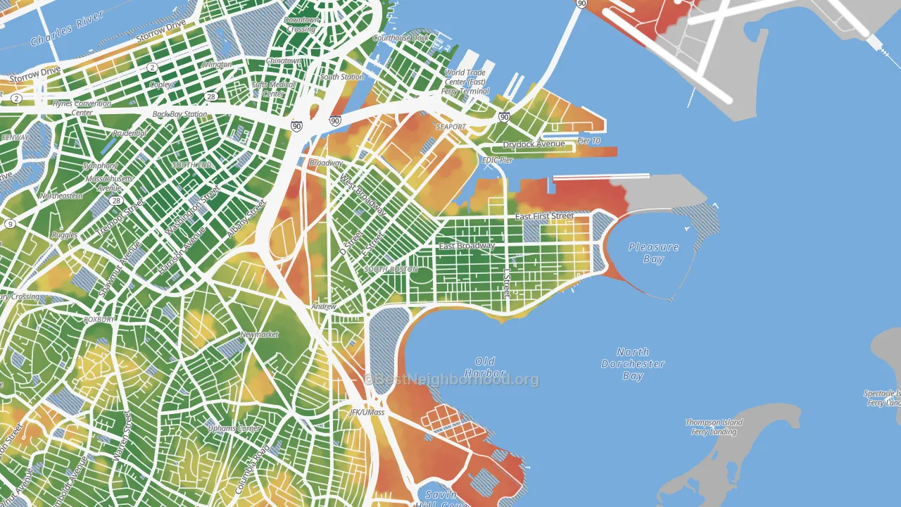 Walk Grade map of Dorchester Heights, Boston, MA, walkable areas in green and car-dependent areas in red
