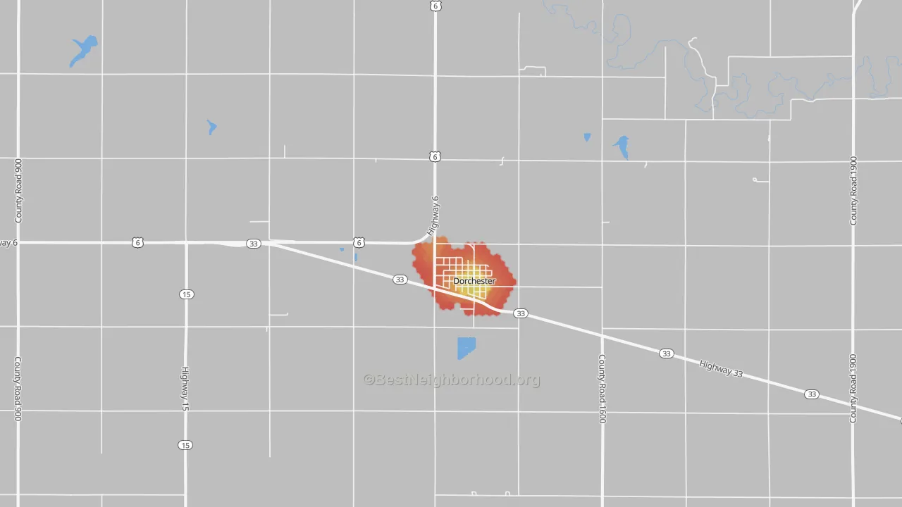 Walk Grade map of Dorchester, NE, walkable areas in green and car-dependent areas in red