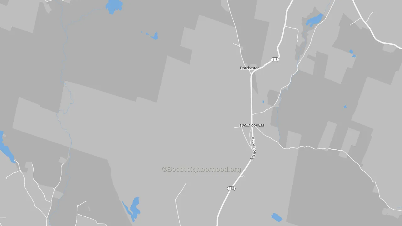 Walk Grade map of Dorchester, NH, walkable areas in green and car-dependent areas in red