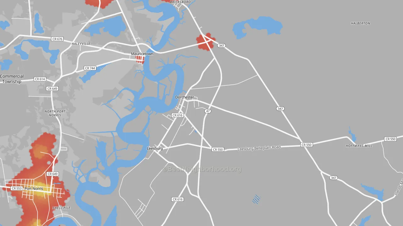 Walk Grade map of Dorchester, NJ, walkable areas in green and car-dependent areas in red