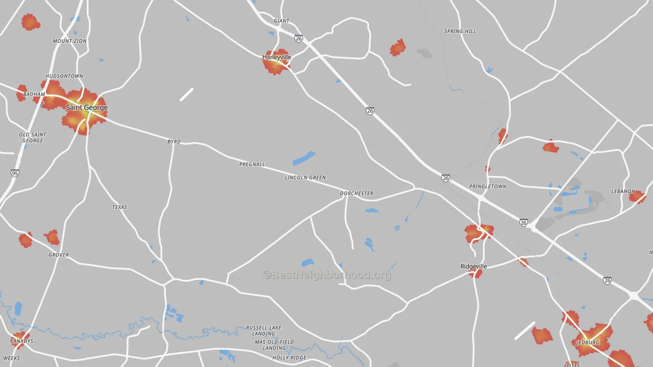 Walk Grade map of Dorchester, SC, walkable areas in green and car-dependent areas in red