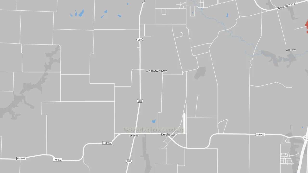 Walk Grade map of Dorchester, TX, walkable areas in green and car-dependent areas in red