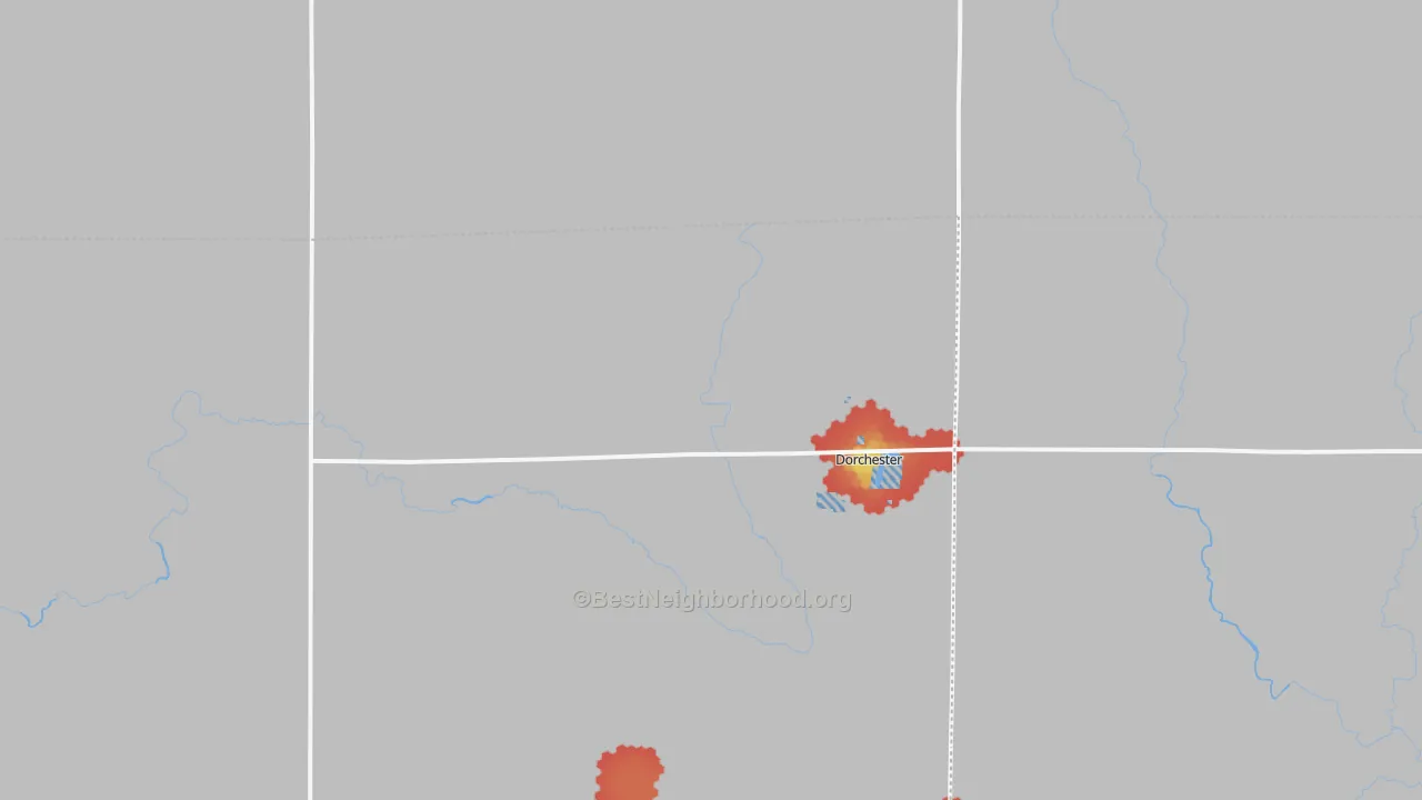 Walk Grade map of Dorchester, WI, walkable areas in green and car-dependent areas in red