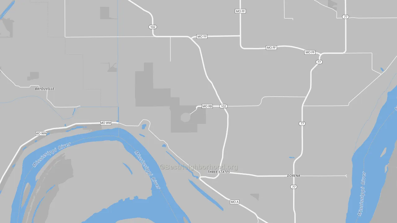 Walk Grade map of Dorena, MO, walkable areas in green and car-dependent areas in red