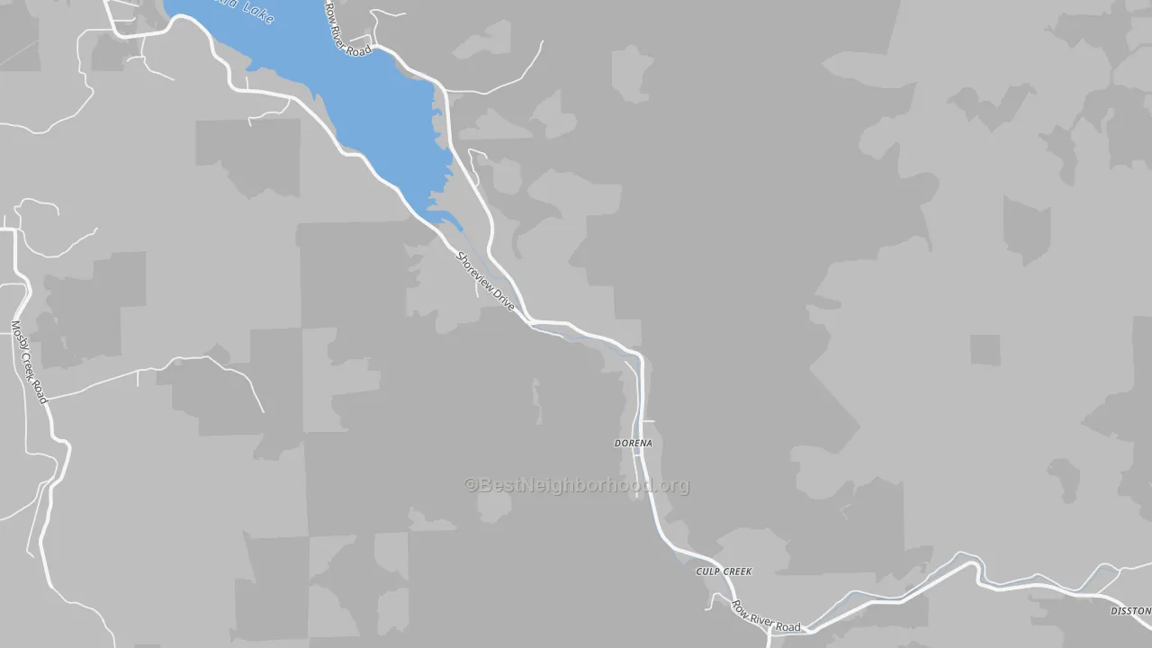 Walk Grade map of Dorena, OR, walkable areas in green and car-dependent areas in red