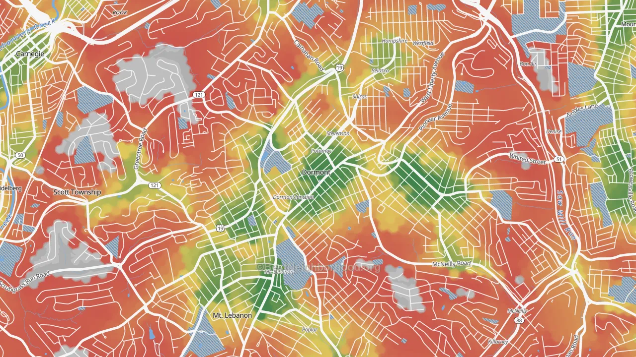 Walk Grade map of Dormont, PA, walkable areas in green and car-dependent areas in red