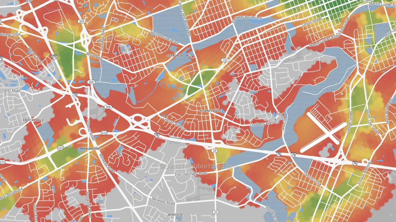 Walk Grade map of Dorneyville, PA, walkable areas in green and car-dependent areas in red