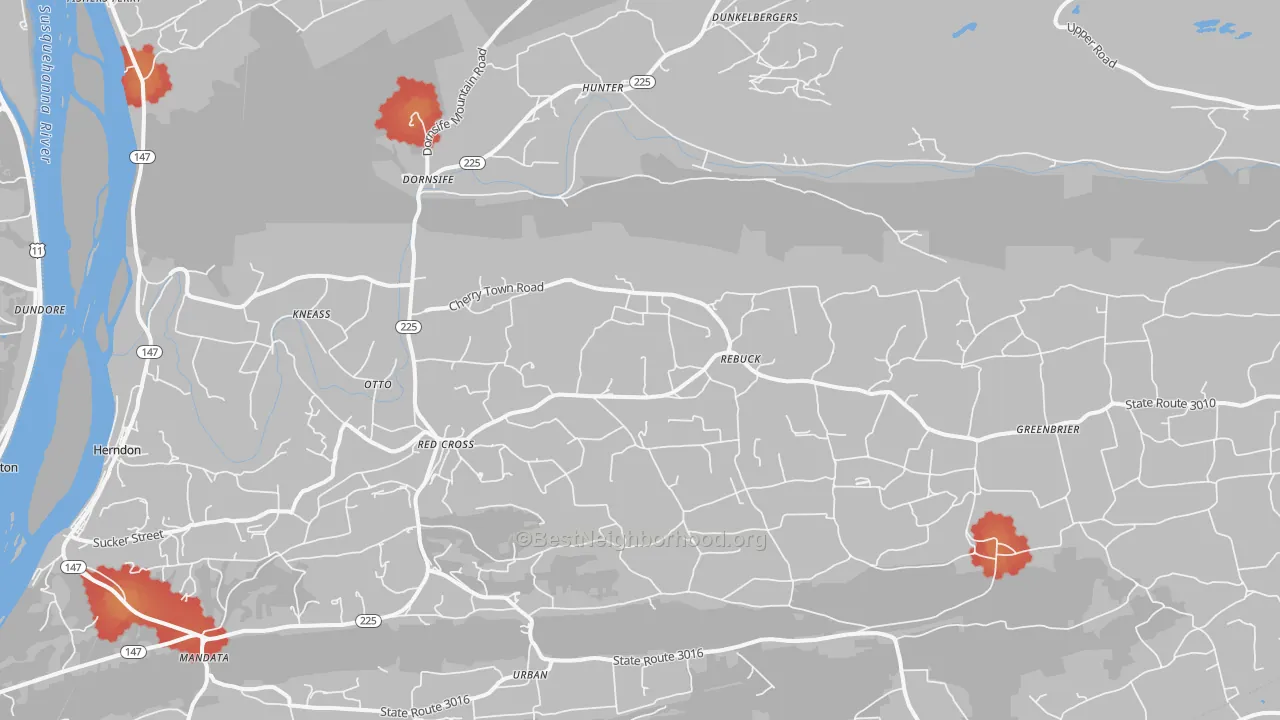 Walk Grade map of Dornsife, PA, walkable areas in green and car-dependent areas in red