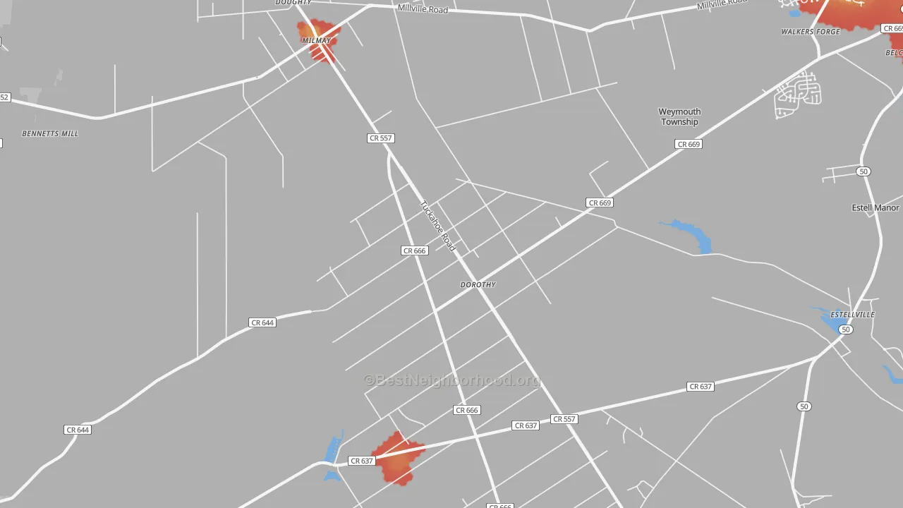 Walk Grade map of Dorothy, NJ, walkable areas in green and car-dependent areas in red