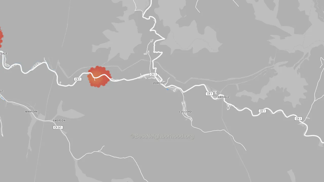 Walk Grade map of Dorothy, WV, walkable areas in green and car-dependent areas in red