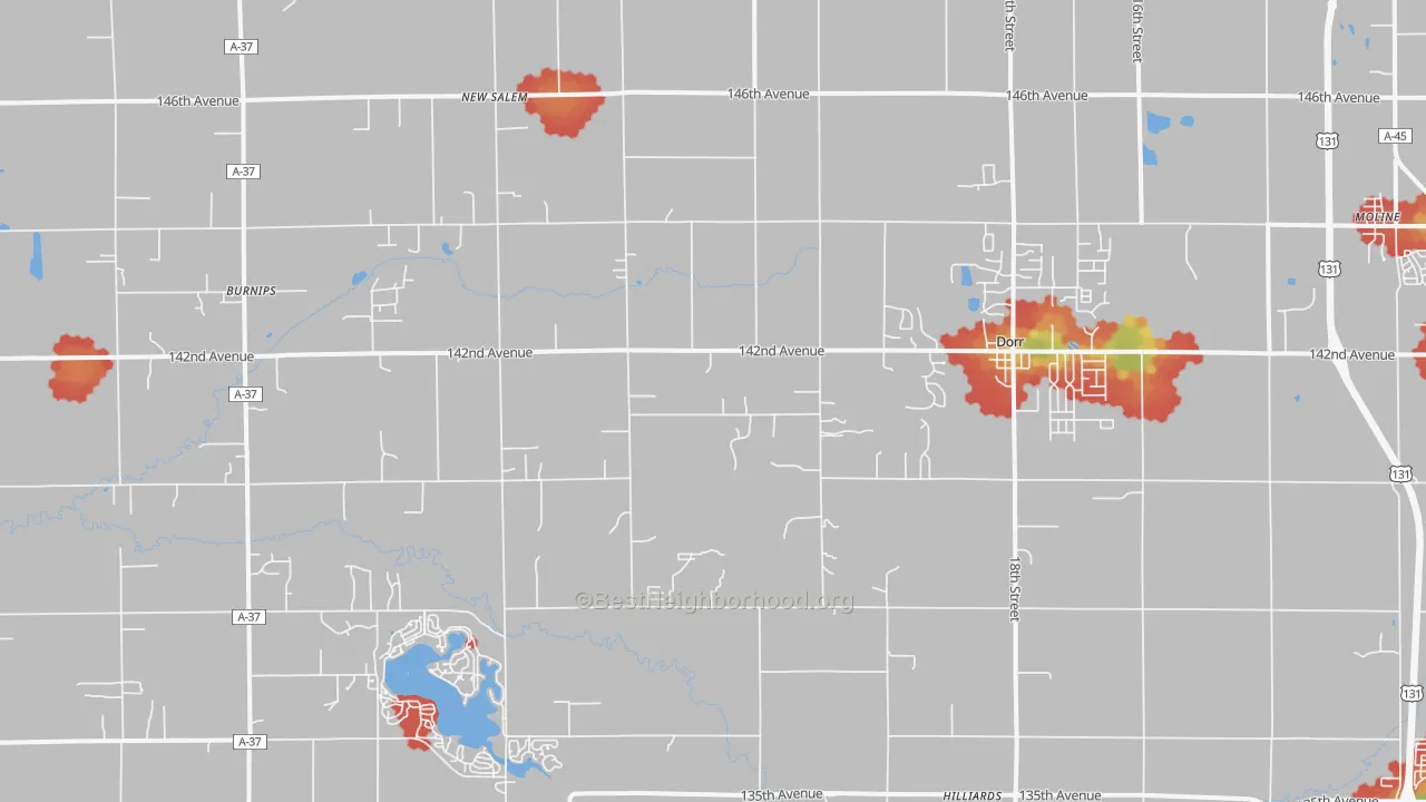 Walk Grade map of Dorr, MI, walkable areas in green and car-dependent areas in red