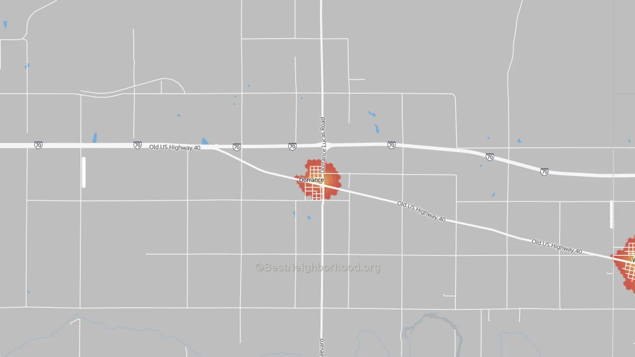 Walk Grade map of Dorrance, KS, walkable areas in green and car-dependent areas in red