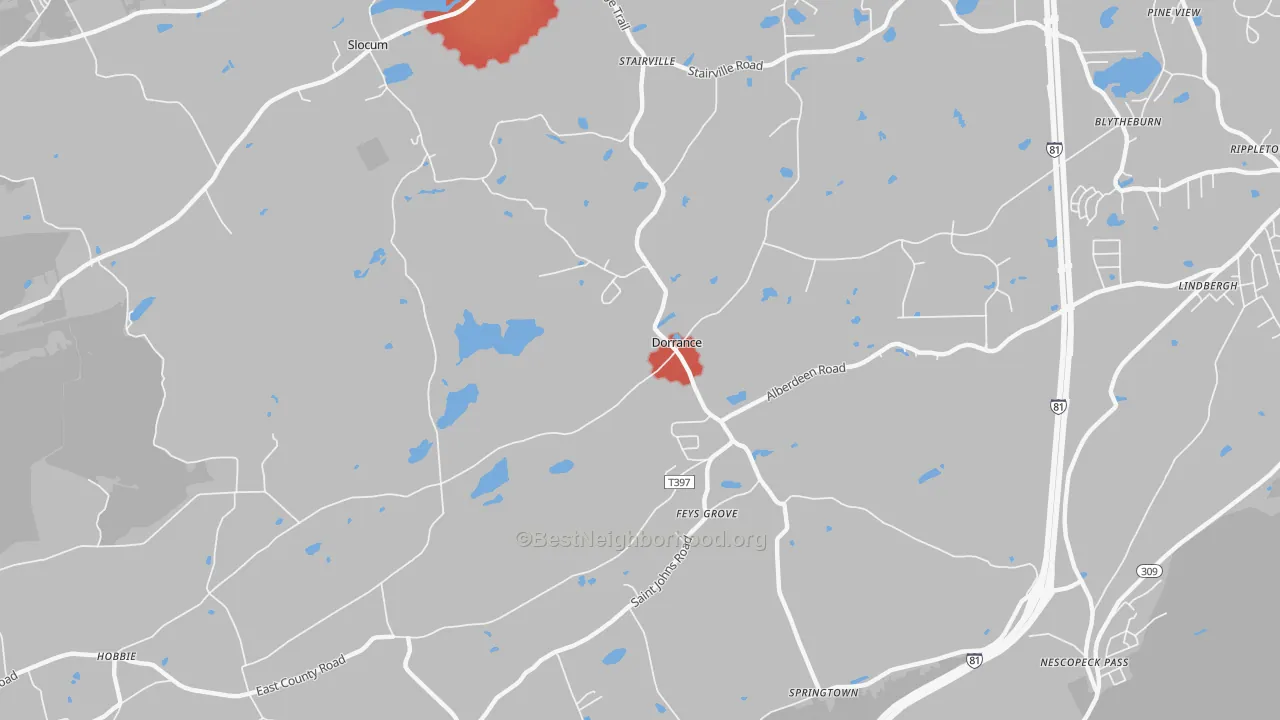 Walk Grade map of Dorrance, PA, walkable areas in green and car-dependent areas in red