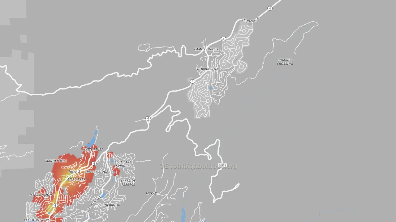 Walk Grade map of Dorrington, CA, walkable areas in green and car-dependent areas in red