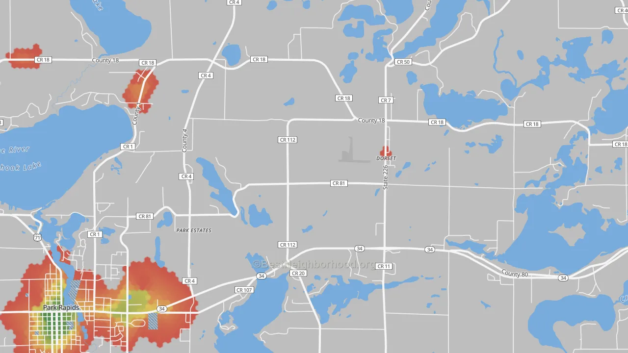Walk Grade map of Dorset, MN, walkable areas in green and car-dependent areas in red