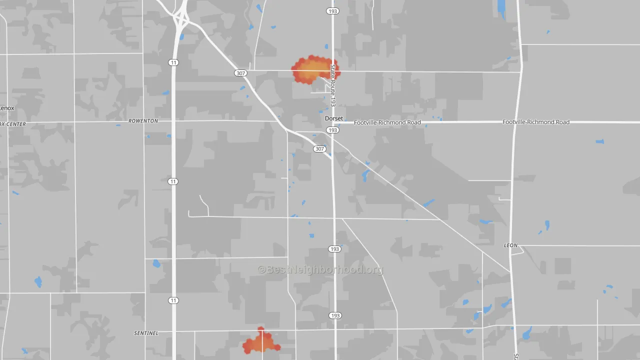 Walk Grade map of Dorset, OH, walkable areas in green and car-dependent areas in red