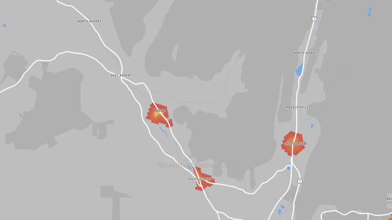 Walk Grade map of Dorset, VT, walkable areas in green and car-dependent areas in red