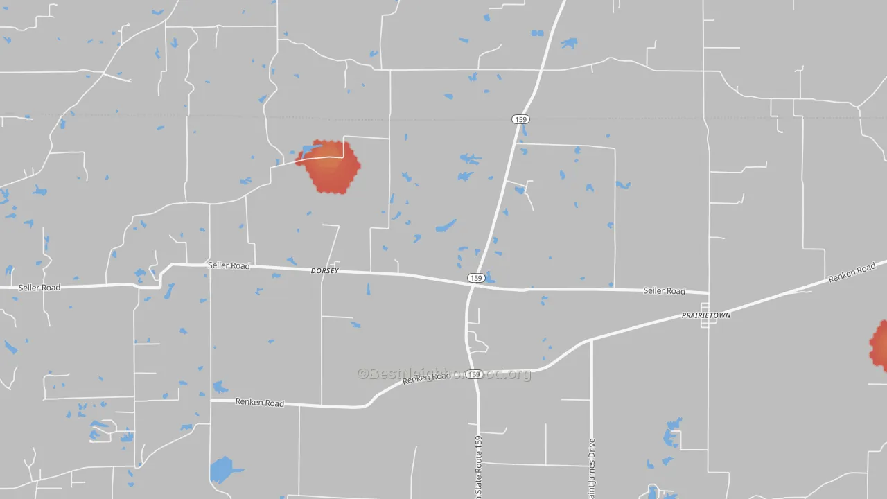 Walk Grade map of Dorsey, IL, walkable areas in green and car-dependent areas in red