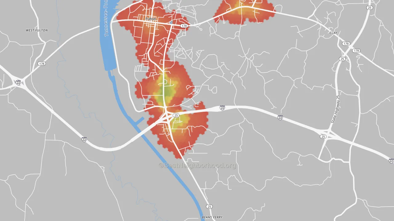 Walk Grade map of Dorsey, MS, walkable areas in green and car-dependent areas in red