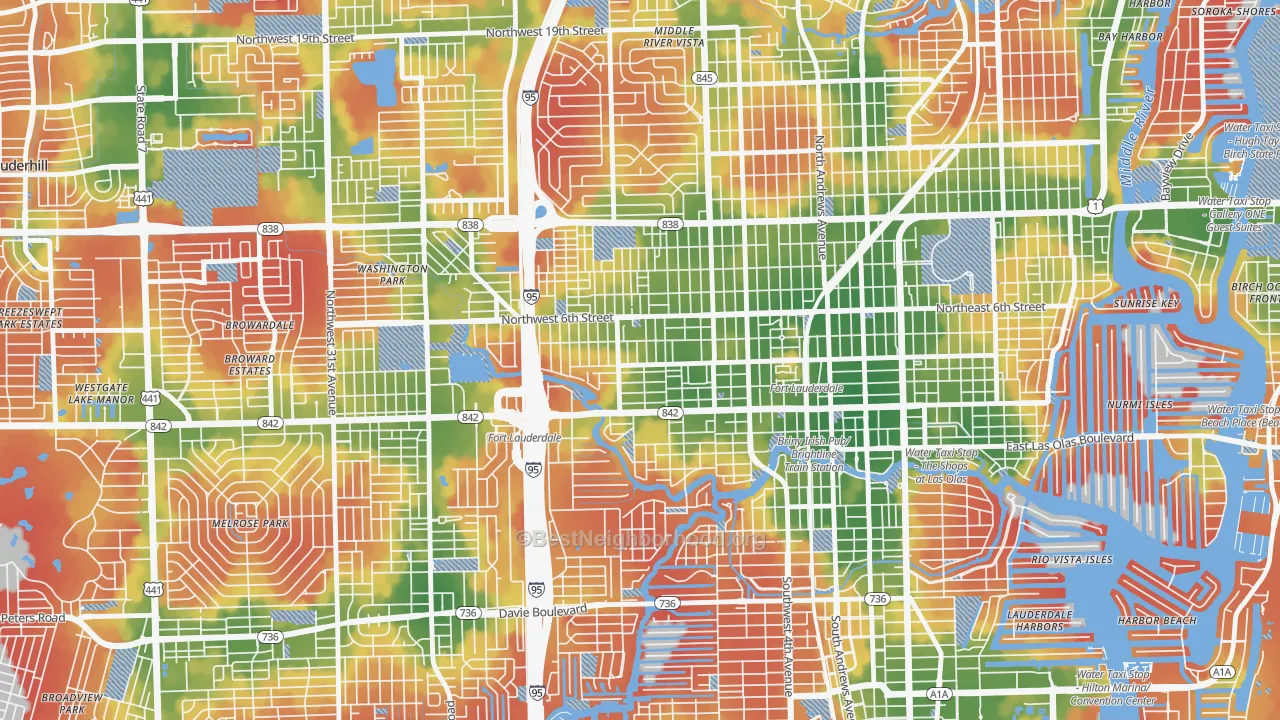 Walk Grade map of Dorsey-Riverbend, Fort Lauderdale, FL, walkable areas in green and car-dependent areas in red