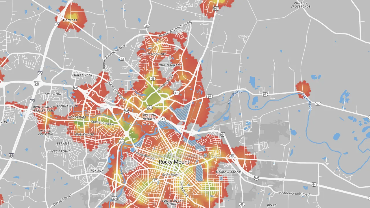Walk Grade map of Dortches, NC, walkable areas in green and car-dependent areas in red