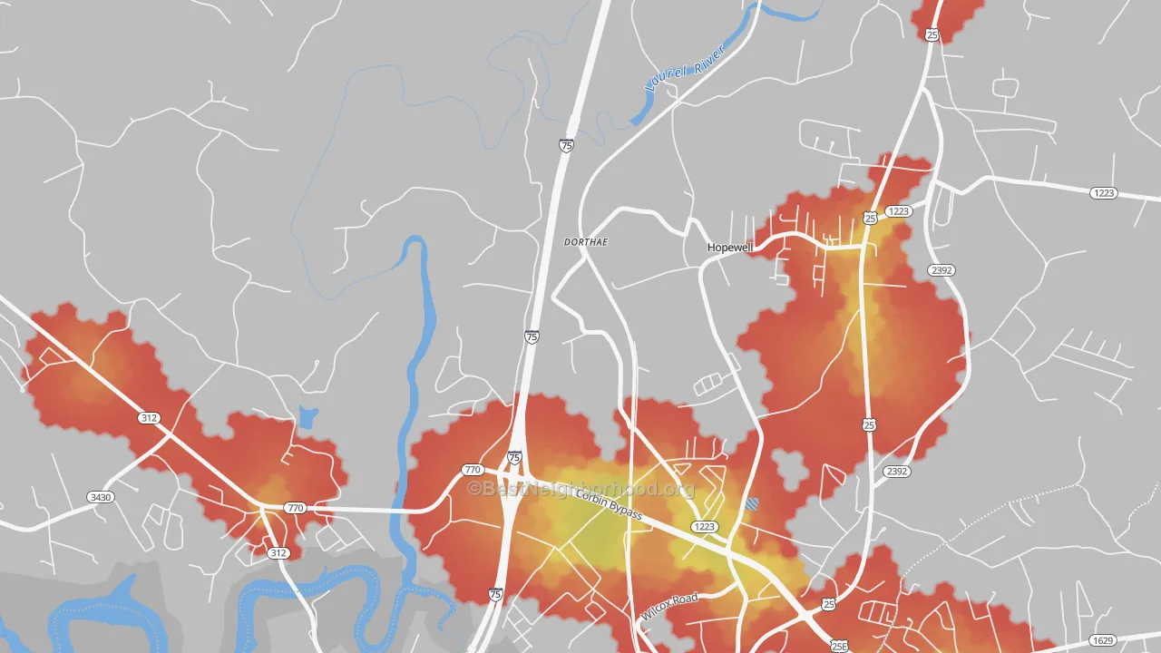 Walk Grade map of Dortha, KY, walkable areas in green and car-dependent areas in red
