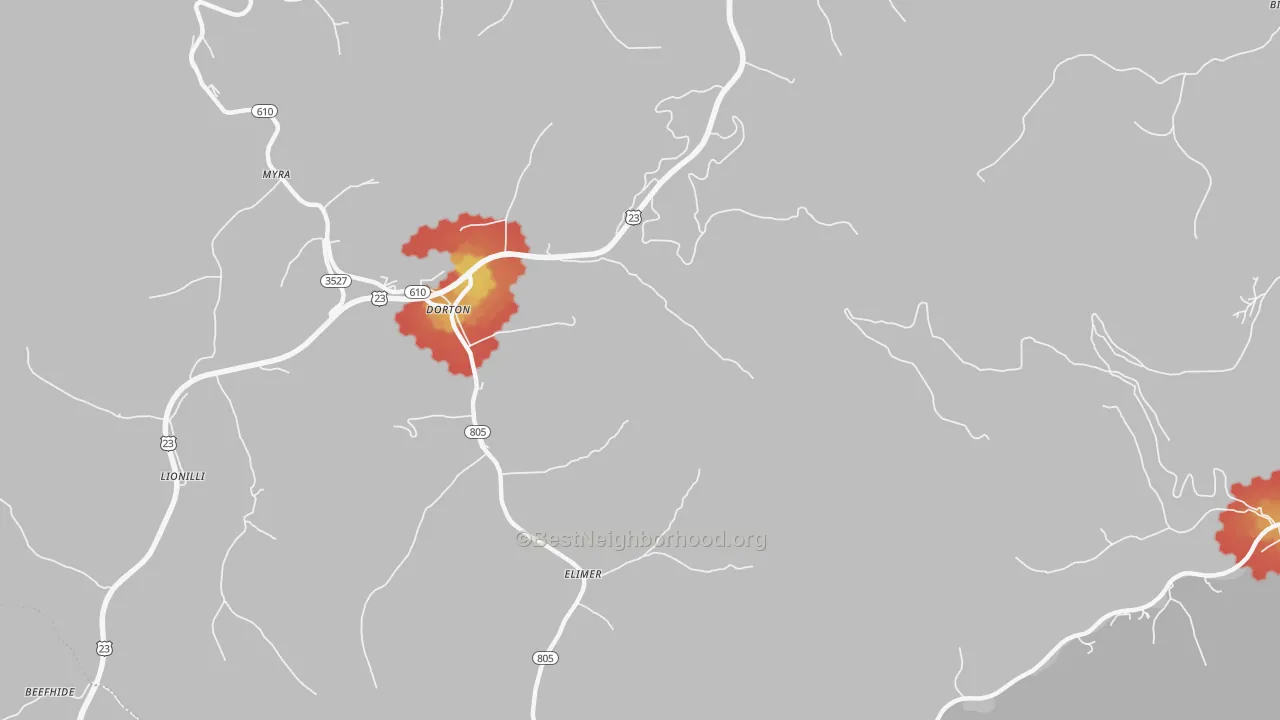 Walk Grade map of Dorton, KY, walkable areas in green and car-dependent areas in red