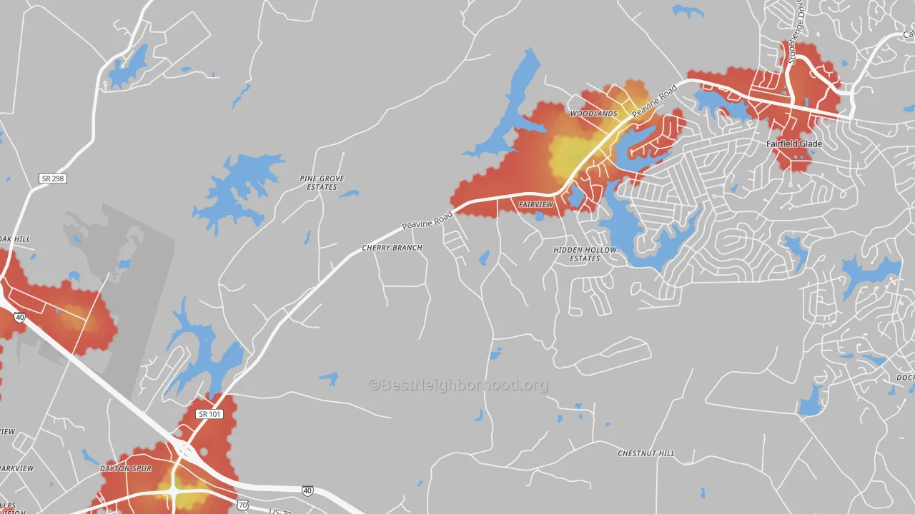 Walk Grade map of Dorton, TN, walkable areas in green and car-dependent areas in red
