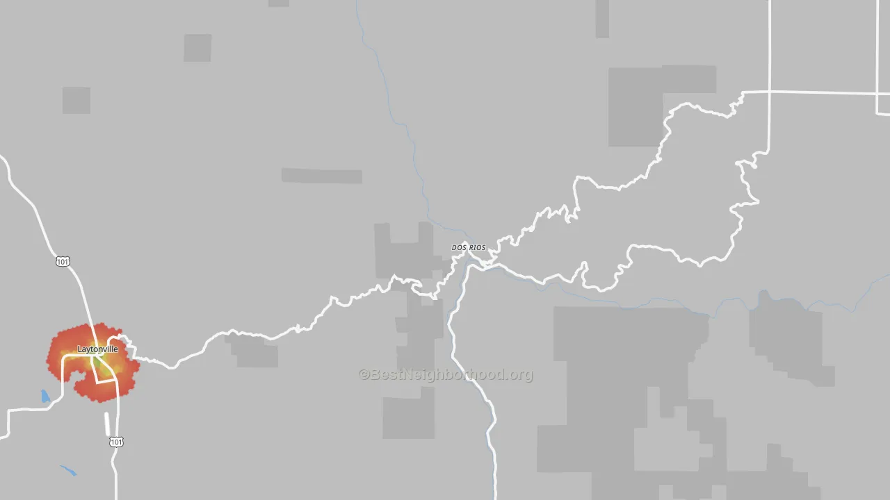 Walk Grade map of Dos Rios, CA, walkable areas in green and car-dependent areas in red