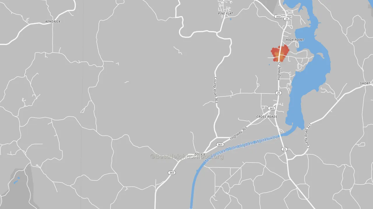 Walk Grade map of Doskie, MS, walkable areas in green and car-dependent areas in red