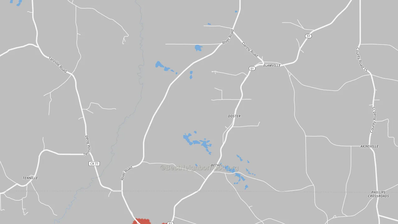 Walk Grade map of Doster, AL, walkable areas in green and car-dependent areas in red