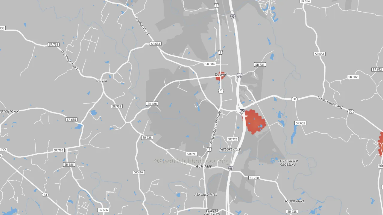 Walk Grade map of Doswell, VA, walkable areas in green and car-dependent areas in red