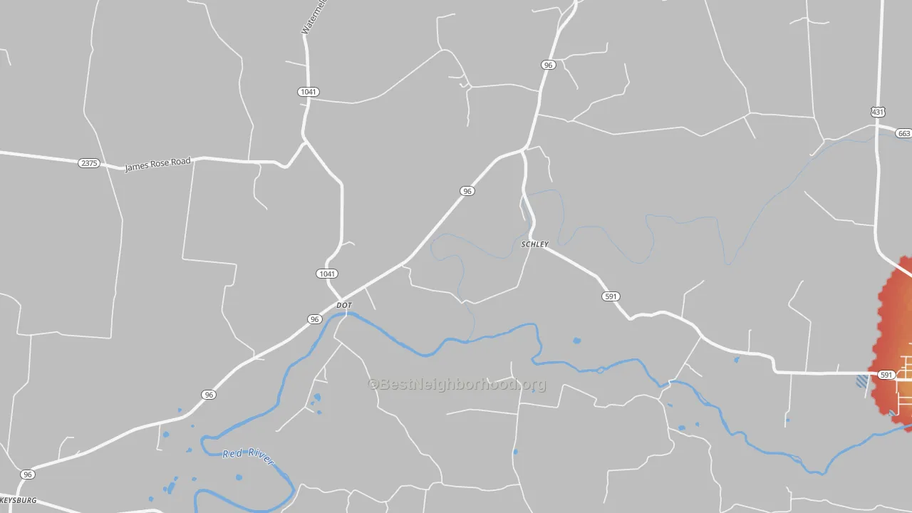 Walk Grade map of Dot, KY, walkable areas in green and car-dependent areas in red