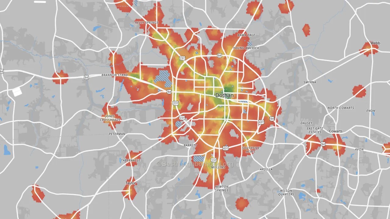 Walk Grade map of Dothan, AL, walkable areas in green and car-dependent areas in red