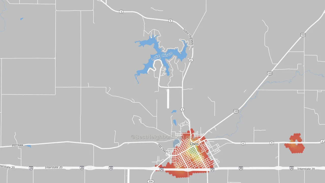 Walk Grade map of Dothan, TX, walkable areas in green and car-dependent areas in red