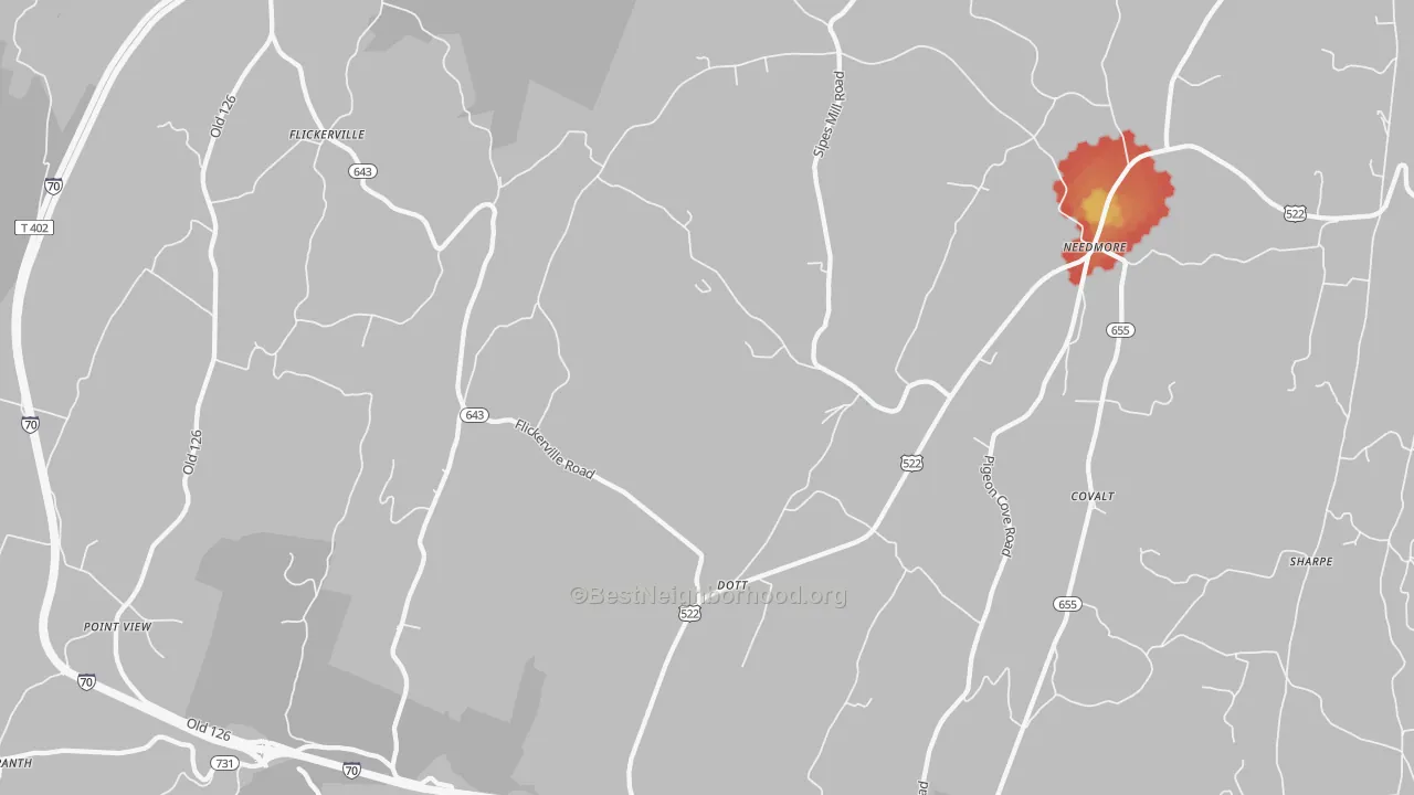 Walk Grade map of Dott, PA, walkable areas in green and car-dependent areas in red