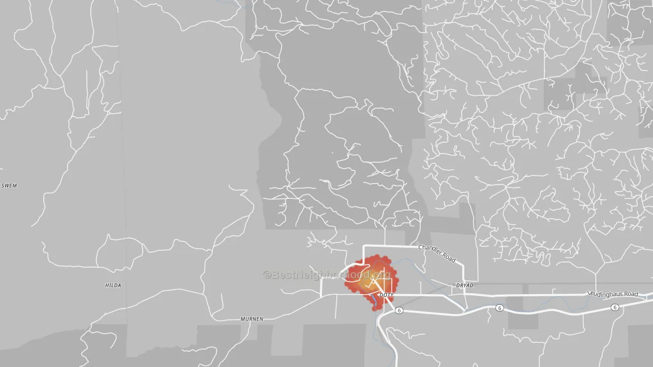 Walk Grade map of Doty, WA, walkable areas in green and car-dependent areas in red