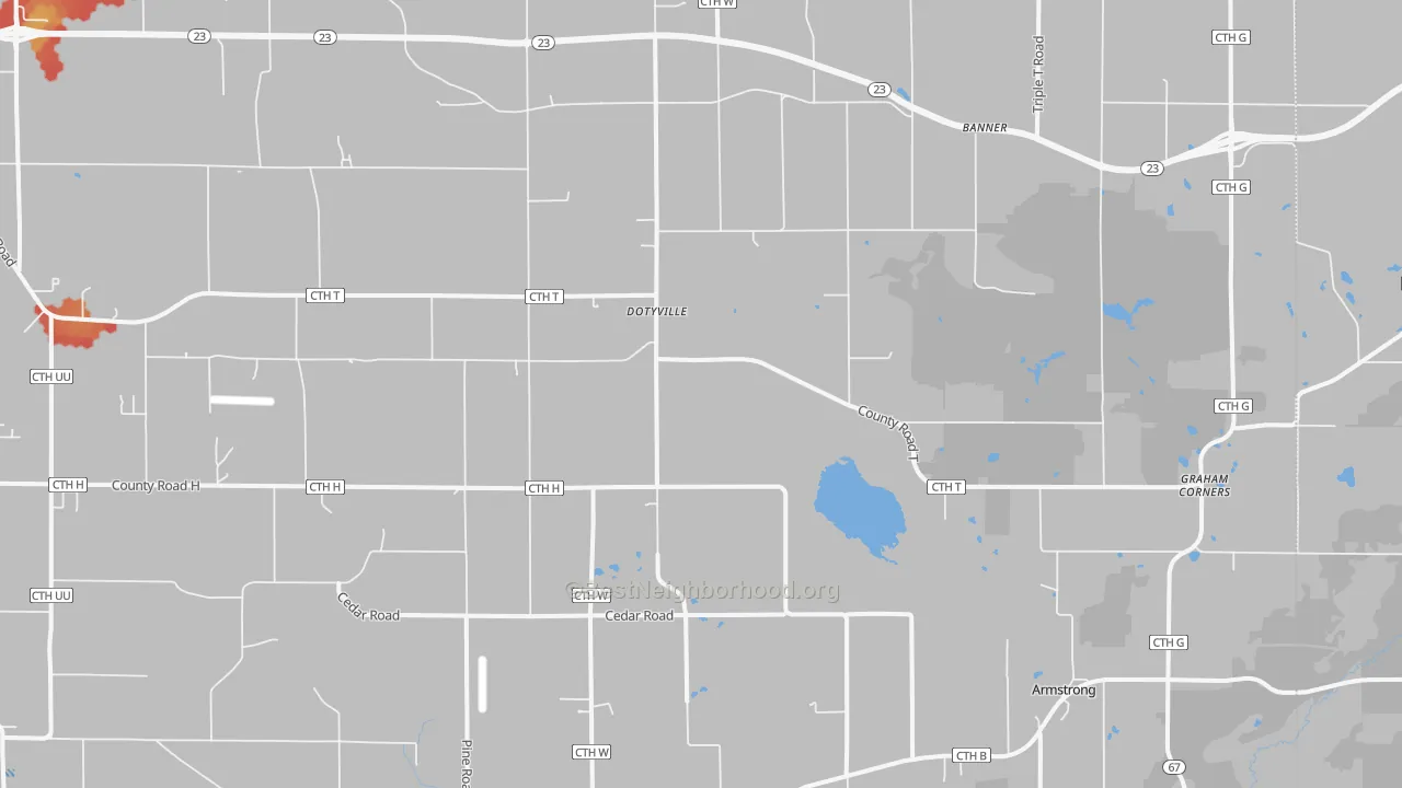 Walk Grade map of Dotyville, WI, walkable areas in green and car-dependent areas in red