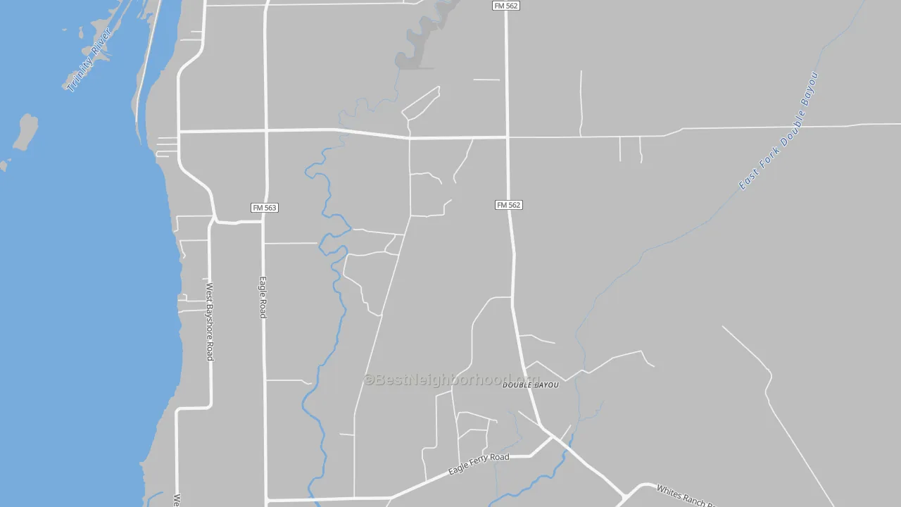 Walk Grade map of Double Bayou, TX, walkable areas in green and car-dependent areas in red