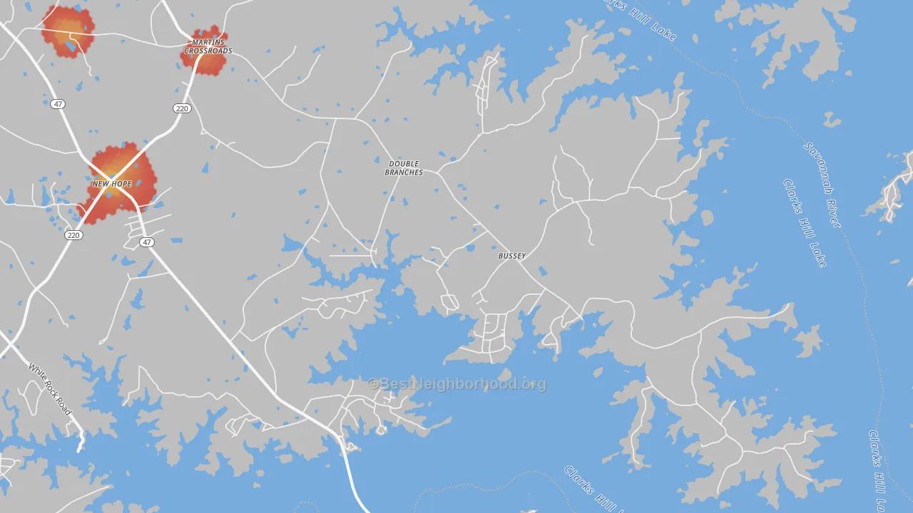 Walk Grade map of Double Branches, GA, walkable areas in green and car-dependent areas in red