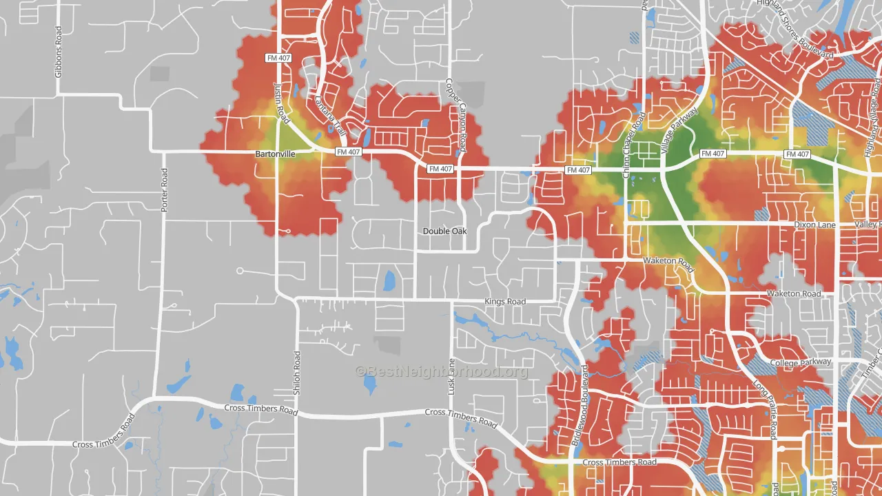 Walk Grade map of Double Oak, TX, walkable areas in green and car-dependent areas in red